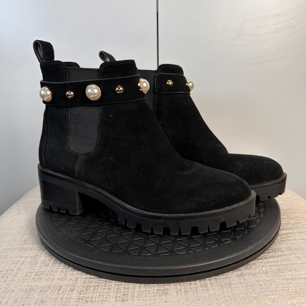 Karl Lagerfeld Paris Wmns‎ 7M Black Suede Pearl Embellished Chelsea Boots Luxury